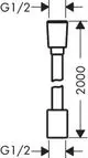 Hansgrohe Schlauch mit zwei G1/2-Anschlüssen, zeigt schematische Darstellung für Montage und Maße ohne spezifische Werte, Höhe von 2000 mm markiert.